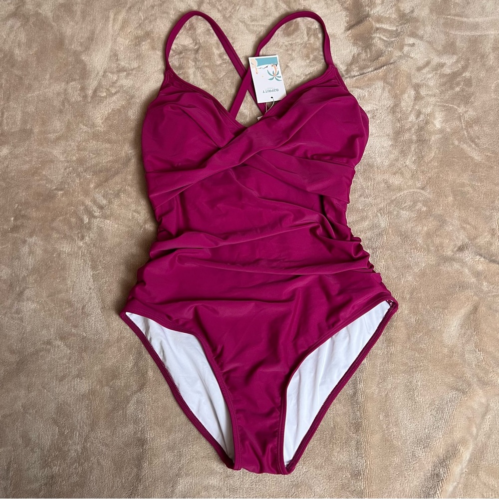 PRITY Purple Ruched One Piece Swimsuit with a Sweetheart Neckline - Size Large